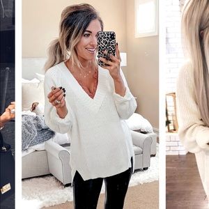 Oversized white express V neck sweater tunic